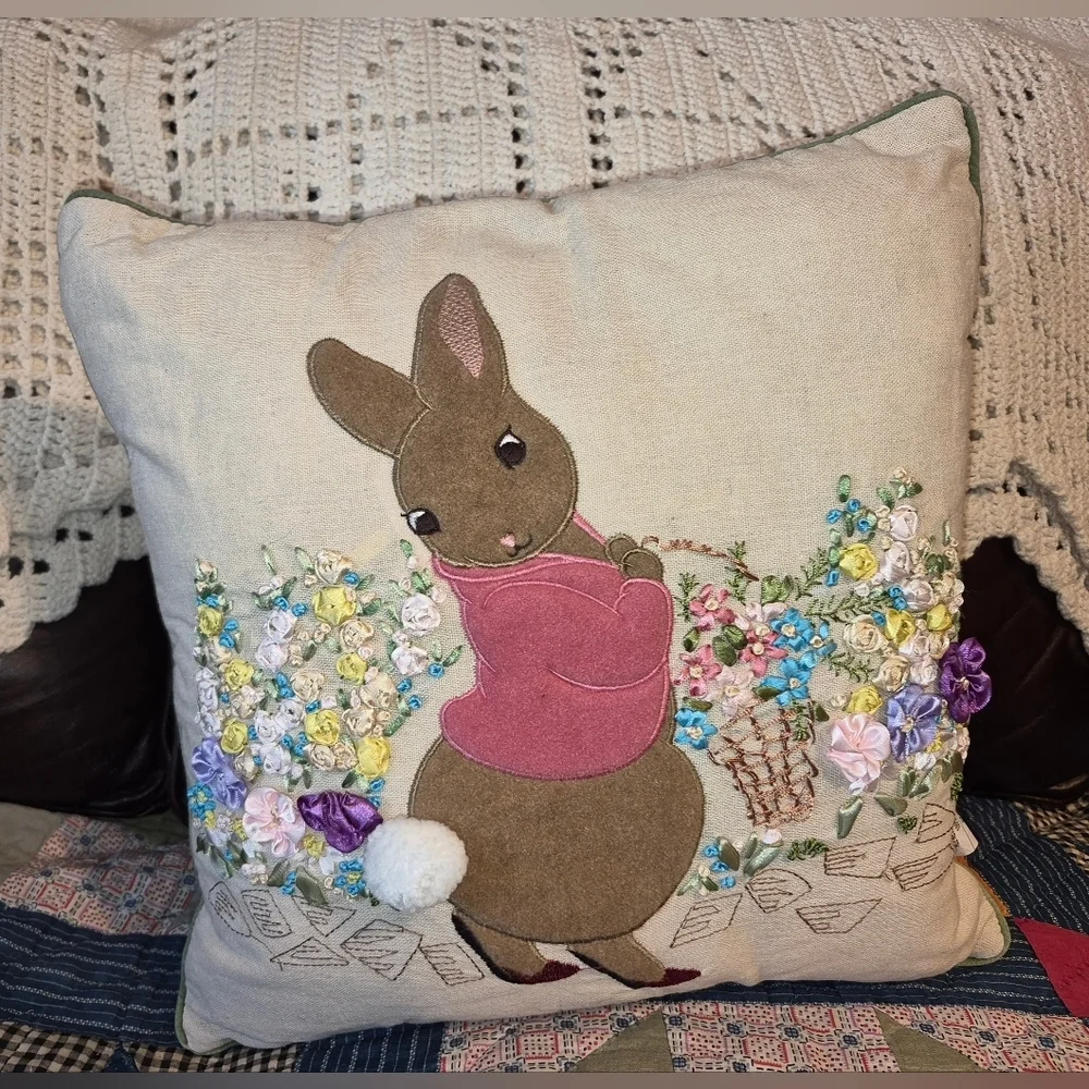 Set of 2 EASTER PILLOWS, 3D BUNNY W/ SEWN ON FLOWERS & BEADED CARROTS PILLOW